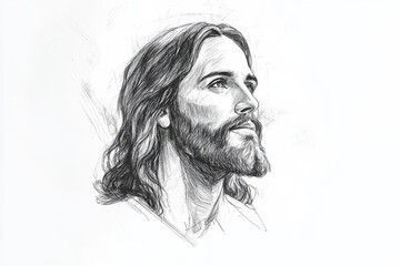 A sketch of Jesus Christ with a peaceful, compassionate expression, outlined in fine pencil strokes, with a clear white background and space for a quote or message underneath