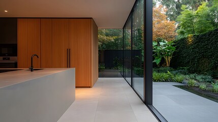 Obraz premium Functional kitchen design focusing on minimalist elements, warm hues, and clean cabinetry with modern kitchenware to enhance a cozy and organized feel