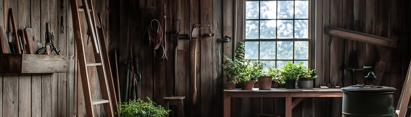 Rustic Barn Interior with Vintage Tools and Wooden Ladder Glimpse Into Heritage