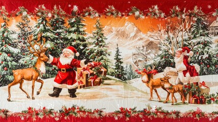 Fototapeta premium A traditional red Christmas banner adorned with images of Santa Claus and reindeer, creating a festive atmosphere for gatherings.