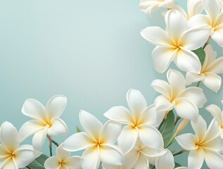 Beautiful white plumeria blossoms against a soft teal background, soft, fresh, outdoor, floral