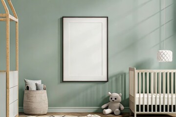 Minimalist nursery featuring a wooden crib, light wooden dresser, woven decor, and an empty poster frame mockup with soft natural light streaming in