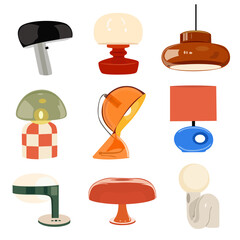 Big collection of vintage home comfort items and lamps. Different interior light decor standing and hanging in modern and retro styles. Home illumination for cozy interior. Flat vector illustrations 