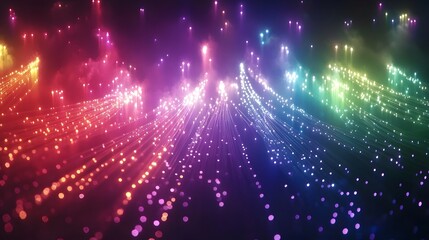 A vibrant scene of fiber optic cables glowing with multicolored light, illuminating the night sky in an abstract, futuristic design