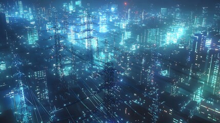 Obraz premium A high-tech energy distribution network managing peak power, with power lines and transformers intelligently distributing electricity to cities