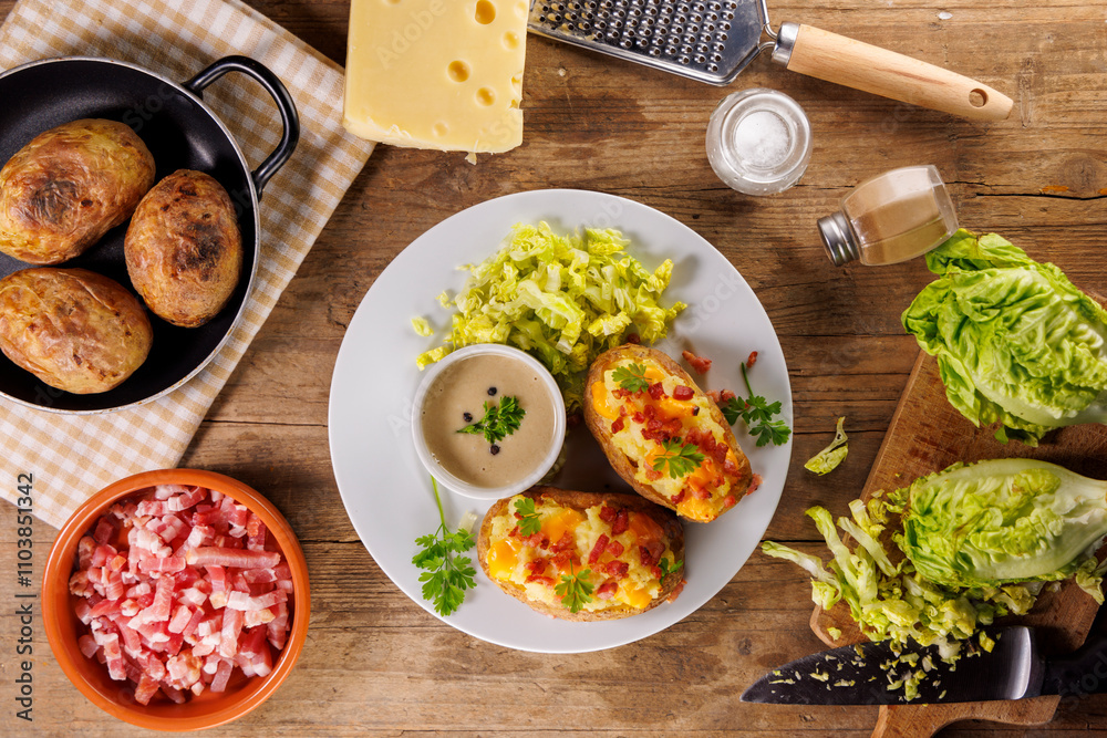 Sticker baked potatoes stuffed with cream, cheddar cheese and bacon