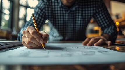 Product designer sketching ideas, presentation board in background, concept brainstorming, well-lit, DSLR clarity,