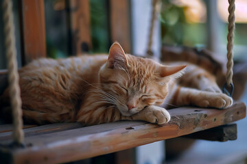 relaxed orange cat lounging peacefully on rustic wooden porch swing, enjoying sunny day. Its fur glistens in light, creating serene atmosphere