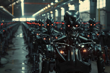 army of robots at the factory,. 