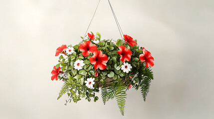 Naklejka premium vibrant hanging flower basket featuring red hibiscus and white daisies, surrounded by lush green foliage, perfect for adding touch of nature to any space