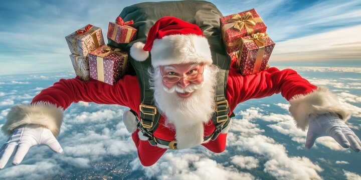 Santa Claus as a skydiver jumps to earth with a parachute and many gifts on his back