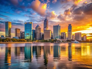 Fototapeta premium Stunning Perth Downtown Skyline at Sunset: A Captivating Cityscape Image of Australia's Vibrant Urban Life and Majestic Skyscrapers Bathed in Golden Light