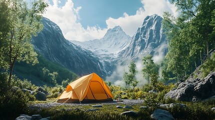 Orange tent nestled in a lush green valley, majestic snow-capped mountains in the background.