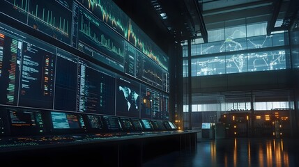 A high-tech energy control center monitoring peak power load, with large screens displaying energy consumption data and graphs