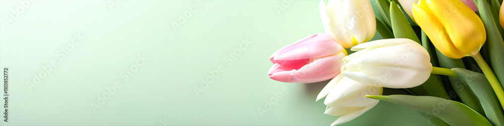 Poster vertical photo of a bouquet of spring flowers featuring pink yellow and white tulips against a light