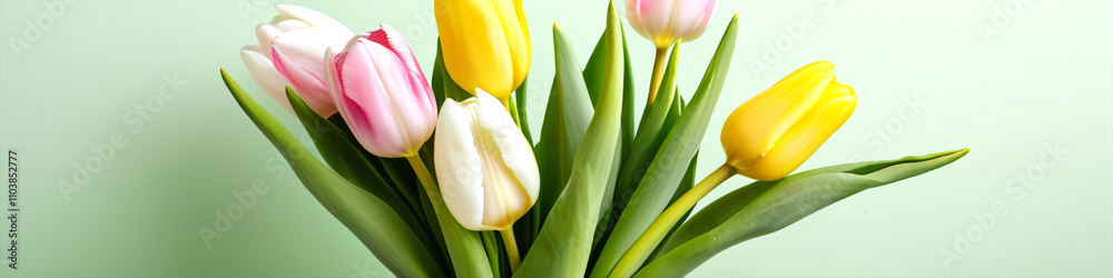 Poster vertical photo of a bouquet of spring flowers featuring pink yellow and white tulips against a light