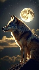Majestic Wolf Silhouetted Against a Stunning Moonlit Sky in a Nocturnal Landscape