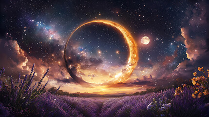 Fototapeta premium stunning watercolor painting of lavender field under starry sky, featuring large crescent moon and smaller moon, creating magical atmosphere