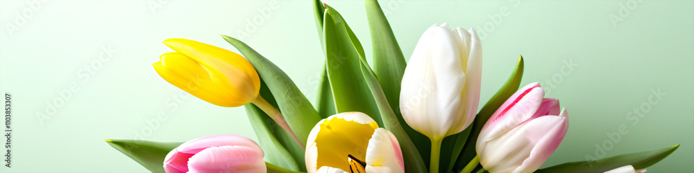 Poster vertical photo of a bouquet of spring flowers featuring pink yellow and white tulips against a light