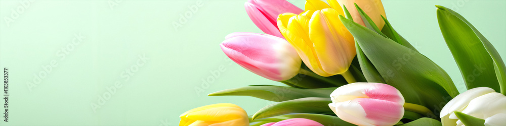 Poster vertical photo of a bouquet of spring flowers featuring pink yellow and white tulips against a light