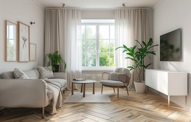 Fototapeta premium Modern living room interior with a comfortable gray sofa. armchair. coffee table. and a large TV screen