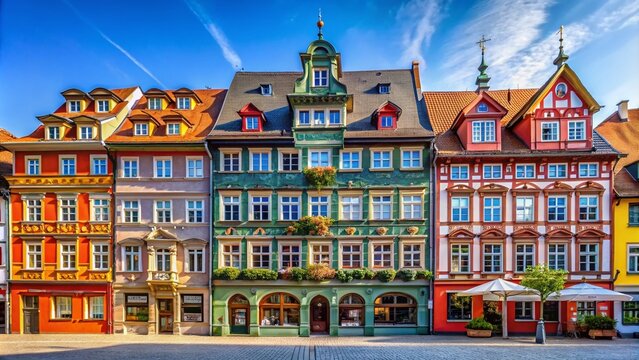 Stunning Portrait Photography of Historic Beautiful Facades on Fischmarkt in Erfurt, Thuringia, Germany Showcasing Architectural Charm and Vibrant Colors