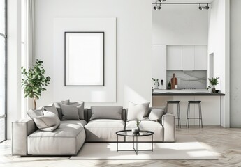 Modern living room interior design with a white sofa. a coffee table. a black picture frame. and a plant