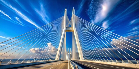 Obraz premium Stunning Portrait Photography of a White Contemporary Suspension Bridge with High Columns and Cable Connections Against a Clear Blue Sky