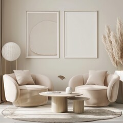Two white armchairs facing each other with a round coffee table in the middle. two empty black picture frames on the wall behind. a potted plant and a vase with dry flowers on the table. a rug and a w