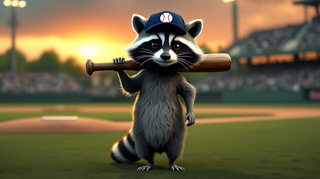 Raccoon with a baseball bat and wearing a baseball cap