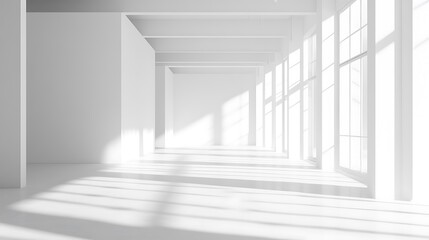 Fototapeta premium Sunlit minimalist white hallway. Bright, airy space with architectural details.