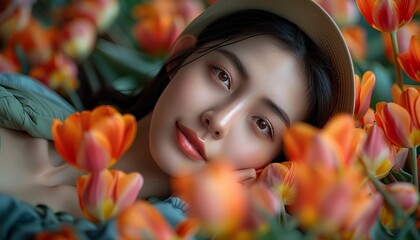 Asian Woman Relaxing in Bed of Tulips in Red Dress with Perfume Theme