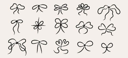 Set of crayon textured tied bow gift ribbons. Elegant minimal line stroke style. Black design elements