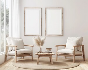 Two wooden armchairs and a round table in a modern living room with two empty frames and sunbeams falling on the wall