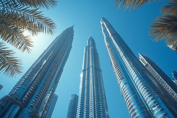 Dubai Skyscrapers Bright Sunlight, Palm Trees, Metropolis View