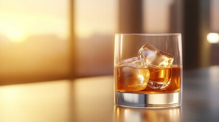 Bourbon Whiskey on the Rocks Sunset Bar Drinks Ice Cubes