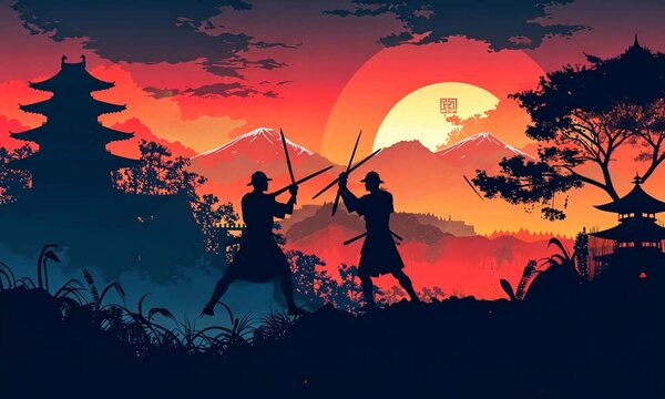 Two Samurai silhouettes with swords stand in front of a mountain range, with a pagoda and a red sun in the background.