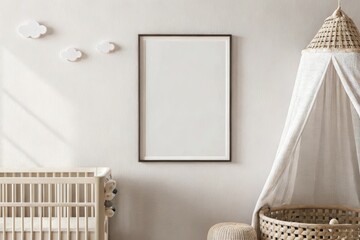 Clean and minimalist photo of a nursery with a poster frame, neutral background with soft baby furniture, empty space and natural daylight