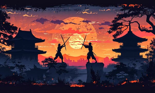Two samurai warriors face off at sunset with swords drawn in front of a Japanese pagoda.