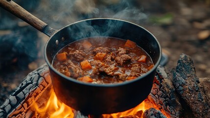 A pot of stew simmering over a campfire, with the flames adding a smoky flavor to the dish.
