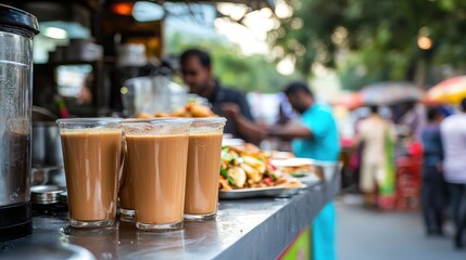 Refreshing Street Tea with Snacks at Outdoor Food Stall Scene Indian food cuisine