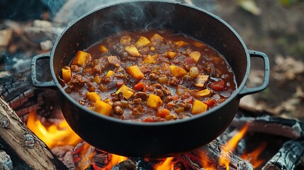 A pot of stew simmering over a campfire, with the flames adding a smoky flavor to the dish.