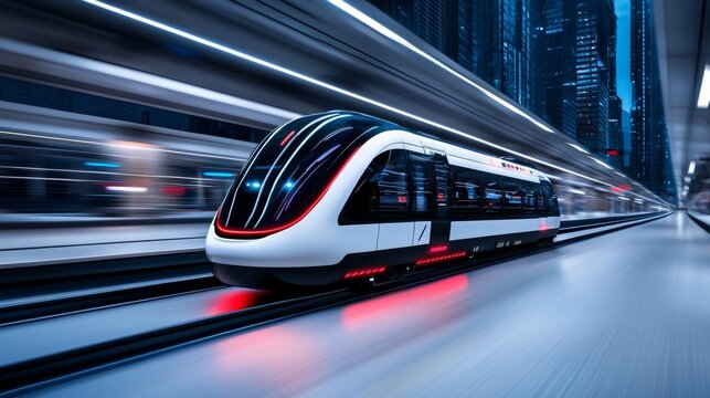 A rapid hyperloop train showcases its strength as it races through a cutting-edge cityscape. Stock.