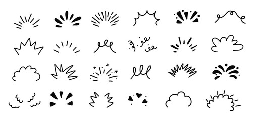 Line confetti elements. Hand drawn confetti explosion burst ray. Doodle spark emphasis ray twinkle.