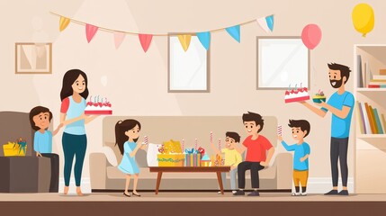 Happy family celebrating birthday at home.