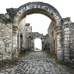 Stone archway, cobblestone path, ancient ruins.