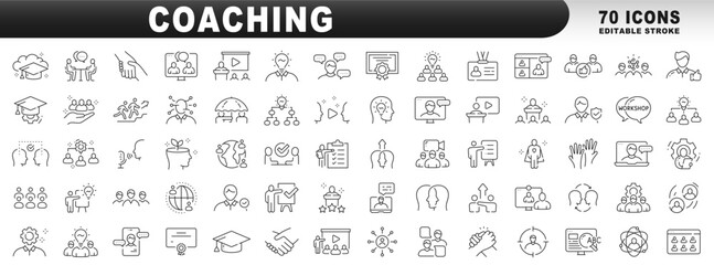 Big set of coaching related line icons. Training, mentoring, leadership, workshop etc. Editable stroke