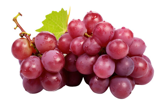 Close-up shot of a cluster of plump red grapes, showcasing their smooth skin and glistening droplets of water, with vibrant green leaves partially visible. - Powered by Adobe