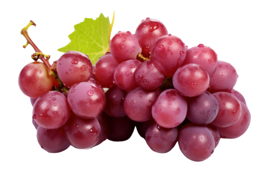 Close-up shot of a cluster of plump red grapes, showcasing their smooth skin and glistening droplets of water, with vibrant green leaves partially visible.