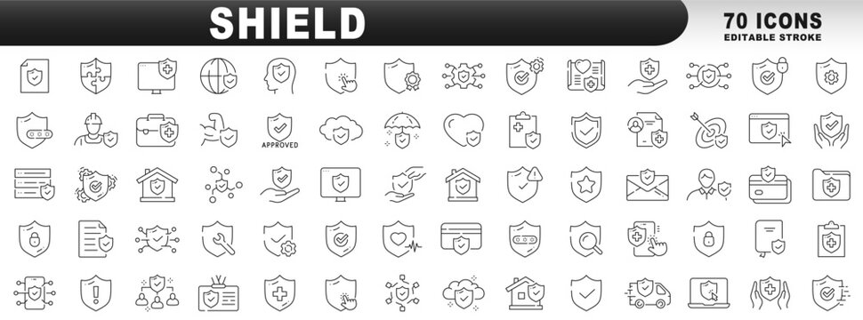 Big set of shield line icons. Protection, security, defense, guard etc. Editable stroke